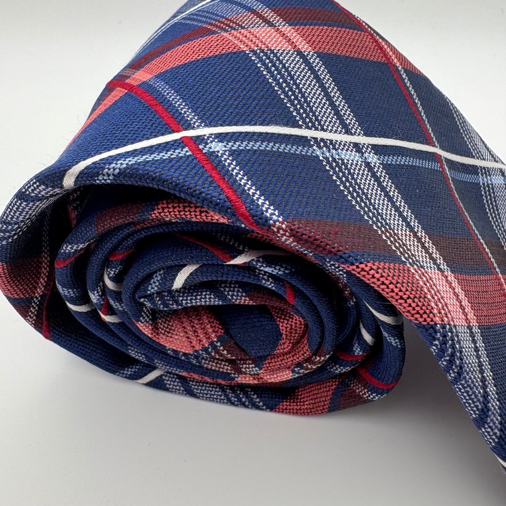 Stafford Men's Navy Blue Red Plaid 100% Silk Necktie Formal Business